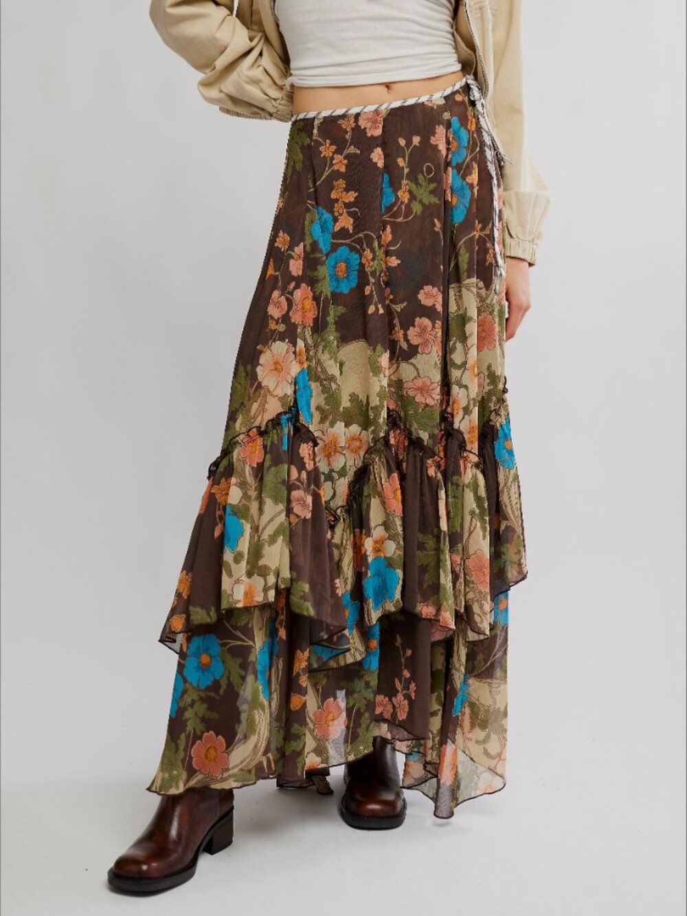 🎉LAST CHANCE🎉 FREE PEOPLE Palermo Villa Chiffon Maxi Skirt / Chocolate Combo - Picture 2 of 9